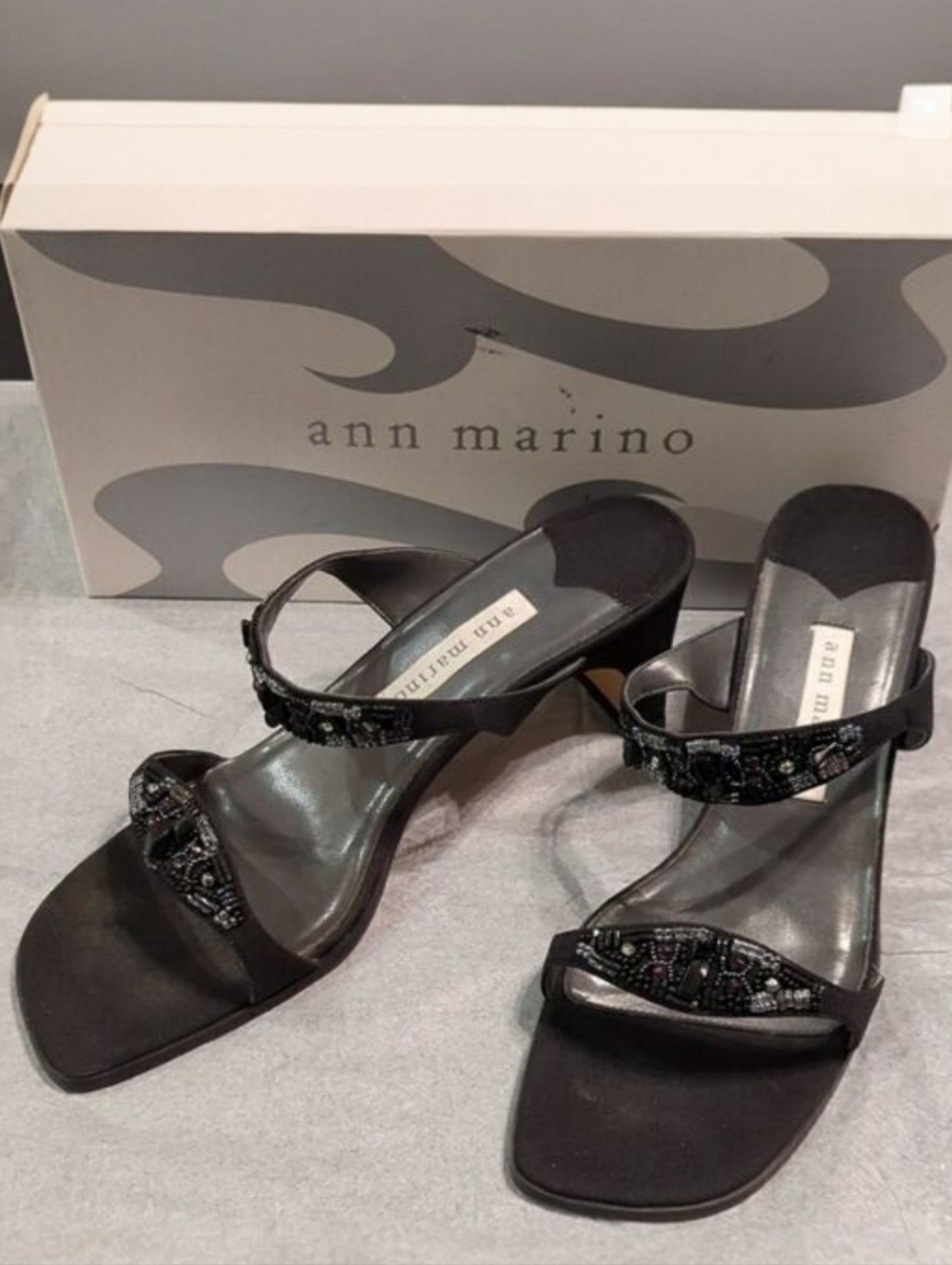 Vintage 90s Ann Marino Beaded Black Sandals, Two Strap Slides Square Heel 2.5"